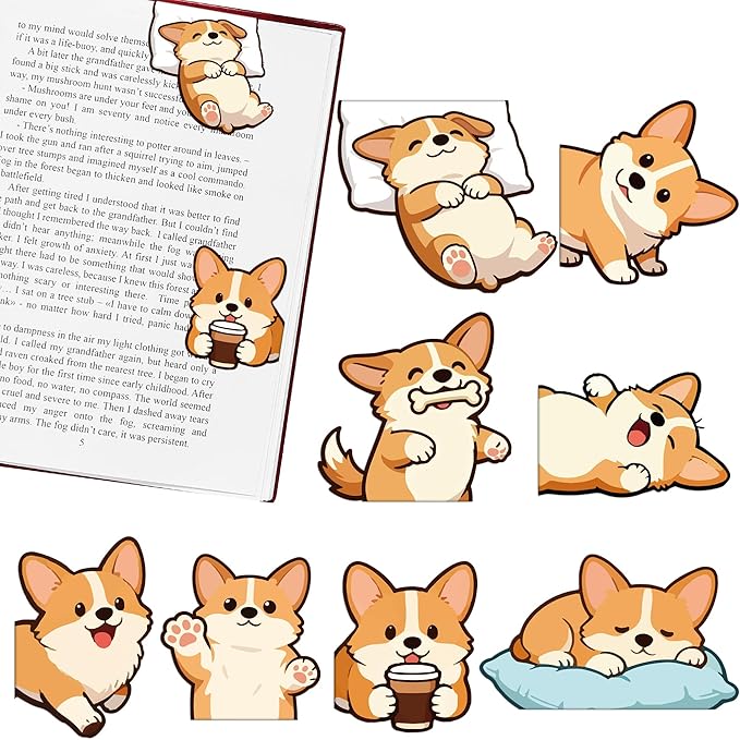 Corgi Magnetic Bookmarks Gifts - 8 Pcs Cute Dog Bookmark for Women Kids Pet Animals Lovers Students Funny Page Clips School Office Reading Accessories Bookworms Gift for Birthday Christmas