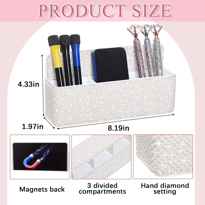 MotiMind White Locker Accessories for Girls, Bling Magnetic Pen Holder for Refrigerator, Back to School Rhinestone Marker Holder for Locker, Sparkly Gift for Student (Large,Pearl)