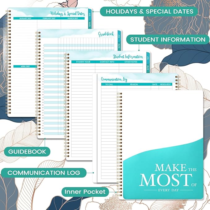 Teacher Planner 2026-2027 - Teacher Lesson Planner 2026-2027, July 2026 - June 2027, 11" x 8.3", Weekly & Monthly Lesson Plan Book for Teachers - Engraved Floral