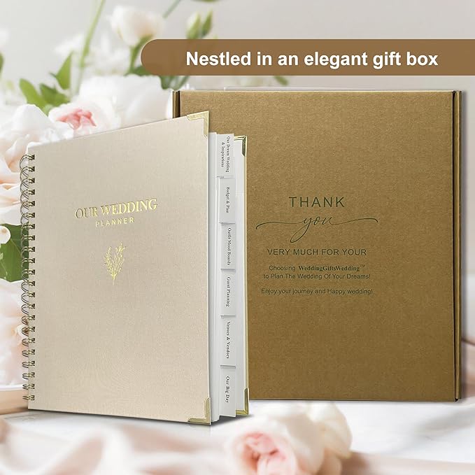 LADY&HOME Wedding Planner Book and Organizer, Linen Cover Wedding Planner Book, Bridal Planning Binder for Bride to be Gifts with Calendars, Checklist and Pockets (Apricot)