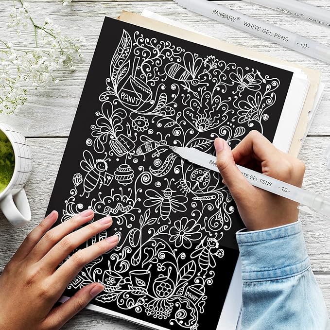 PANDAFLY White Gel Pens, 10 Pack, 1 mm Extra Fine Point Gel Ink Pen, Opaque Archival Ink Pens for Black Paper Drawing, Sketching, Card Making, White Pen for Art Highlight & Artists Drawing