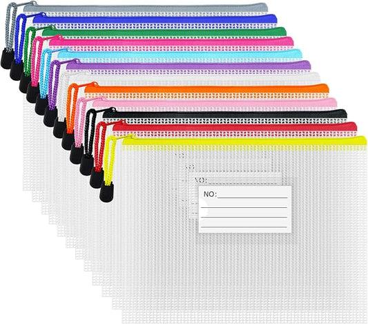 Plastic Mesh Zipper Pouch, 12Pcs Zipper File Bags with Label Pocket, A5 Size 9.2x6.7in, White