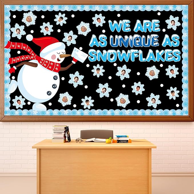 Winter Bulletin Board Decorations Snowflake Snowman Cutouts DIY Photo Craft We Are As Unique As Snowflakes Classroom Decor for Xmas Winter Season Christmas Holiday Home School Wall Door Party Supplies