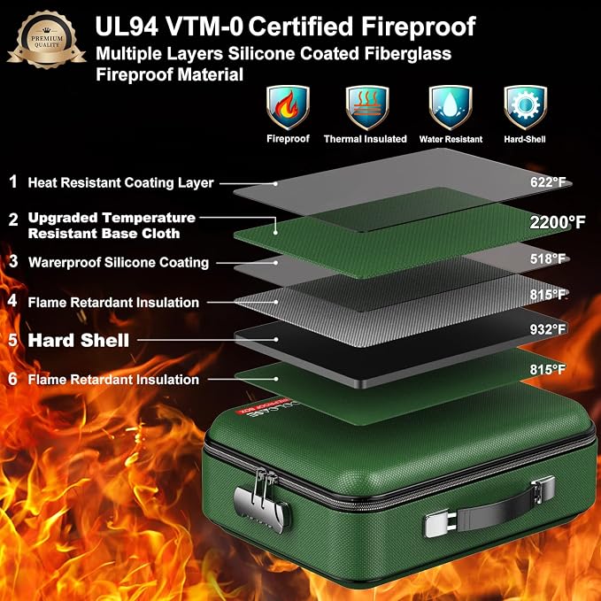 COLCASE Fireproof Document Box with Lock, Hard Fireproof Document Organizer | Hard-Shell Fireproof Waterproof Safe Box with Combination Lock Green