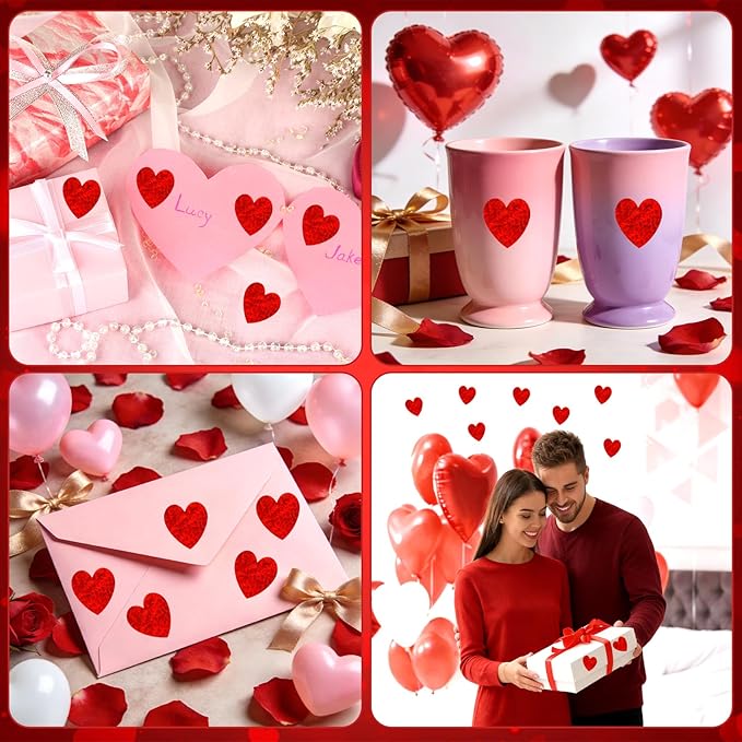 Heart Stickers, 1000Pcs Glitter Red Heart Stickers, 1.5" Shiny Self Adhesive Foil Red Love Decorative Labels for Valentine's Day, Wedding, Anniversaries, Mother's Day, Award Classroom Supplies