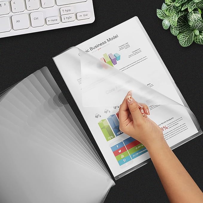 100 Pcs Clear Document Folder Project Pocket for US Letter / A4 Size - Transparent L-Type Plastic Folder