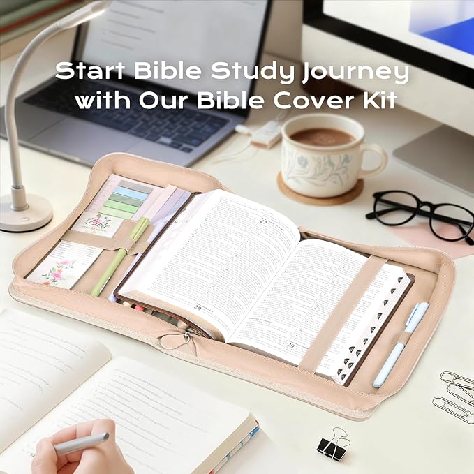 XKDOUS Bible Cover Case for Women, Leather Bible Bags with Study Supplies Journaling Kit, Gold Foiled Carrying Case Large Church Book Holder with Handle, Christian Gifts for Lady