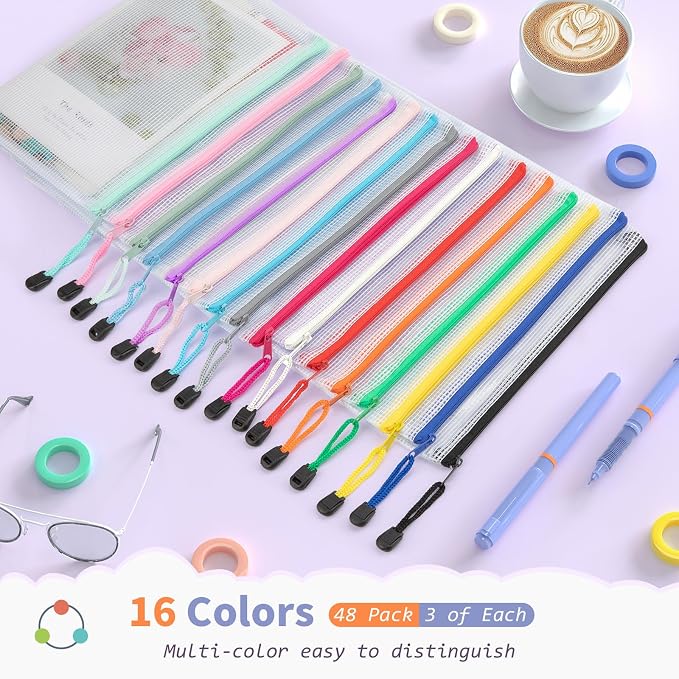 Umriox 48pcs Small Zipper Pouch, Mesh Bags with Zipper, 9.5" x 7.1"/A5 Size 16 Color Pencil Pouches, Storage Bags for Puzzles, Office and Travel Supplies