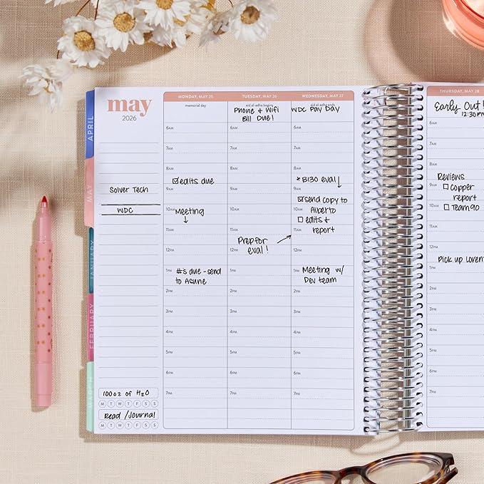 7x9 Coiled Life Planner (January 2026 - December 2026) - Bouquet classic cover, hourly layout, Hexagon theme, platinum coil