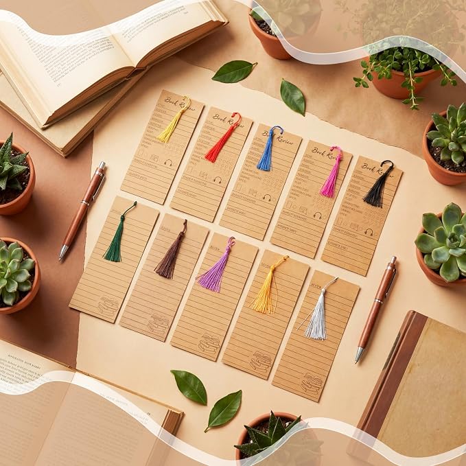 50 pcs Colorful Book Review Bookmarks with 50 Bookmark Tassels Book Tracker Reading Log Page for Readers Bookish Bookworm Gift, Reading Page Tracker for Students Teachers Women (Brown)