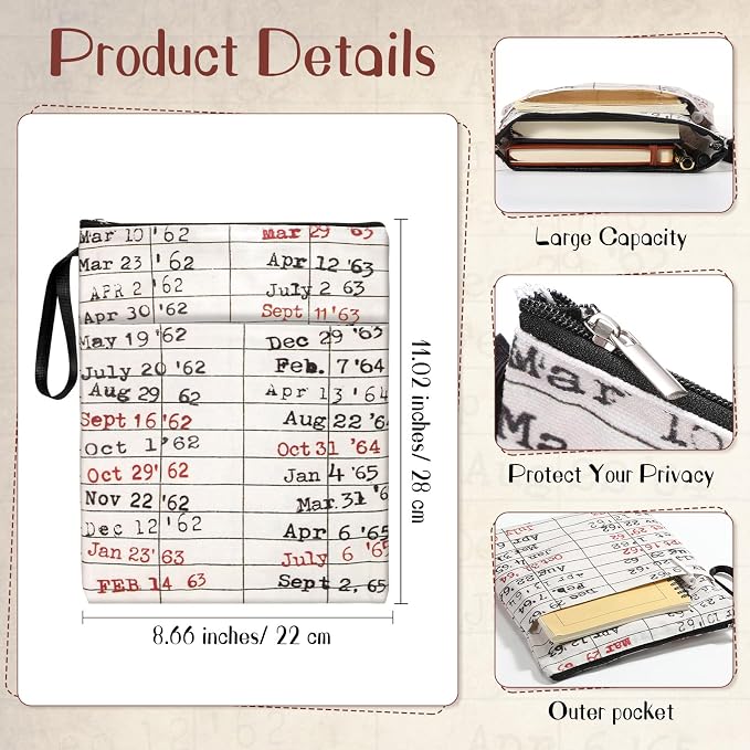 Abbylike 6 Pcs Book Sleeve Pouch for Book Lover Gifts Waterproof Librarian Date Due Protector Covers with Zipper for Teacher Reader Library Club Storage Party Favors