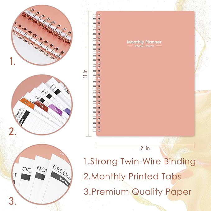 2026-2029 Monthly Planner - 3 Year Planner 2026-2029, July 2026 - June 2029, 9" x 11'', 3 Year Calendar Planner 26-29, 36 Monthly Calendar with Tabs, Notes Pages, Inner Pocket - Pink