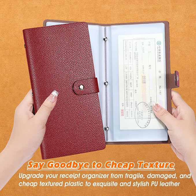 Leather Receipt Organizer, Coupon Organizer with 40 Clear Pockets, Receipt Holder for Home,Travel, Shopping,BusinessTrip, Keeping Receipts and Coupons Organized,Prevents Loss and Damage(DarkRed)