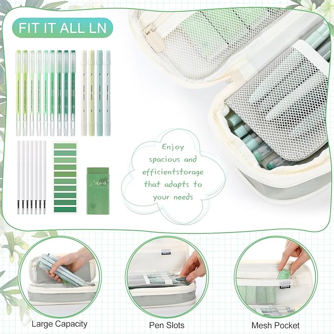 Eersida 74 Pcs Aesthetic School Supplies with Large Pencil Pouch 5 Ink Gel Pens 12 Highlighters 6 Mechanical Pencils 0.5mm 9 Color Pens 4 Note Pads Set for Student Stationary (Green,Nature Style)