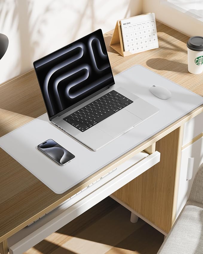 AFIING Desk Pad Protector 23.6" x 13.7" - Non-Slip Waterproof PU Leather Desk Mat for Mouse, Keyboard, Laptop, Office and Home Workspace (Ivory White)