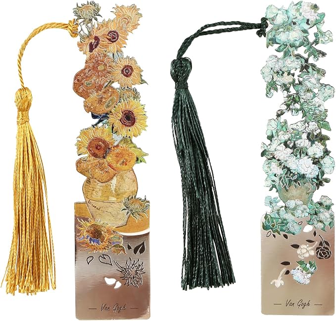 2 Metal Bookmarks with Tassel, Oil Painting Sunflowers and Vase with Roses