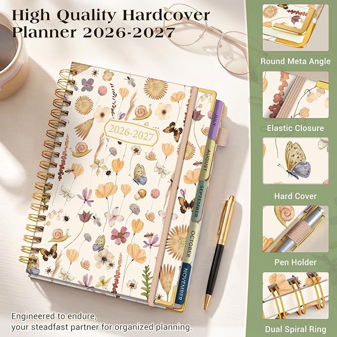 Academic Planner 2026-2027, 18 Months Weekly and Monthly Calendar Planner from July 2026 - December 2027, 7.3" x 10" B5 Large Hardcover Agenda Organizer Book with Tabs, Yearly Daily Planners for School Work Student Teacher, Insect Garden