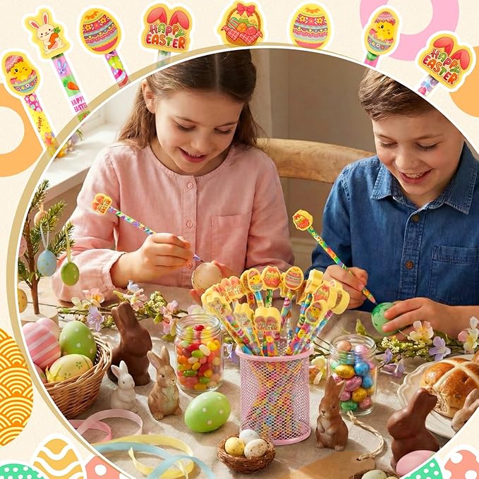 Gersoniel 36 Pcs Easter Pencils Set 18 Bunny Pencils 18 Happy Easter Erasers for Kids Student Classroom Rewards Basket Stuffers Party Favors School Gift Exchange Goodie Bags Filler Stationery