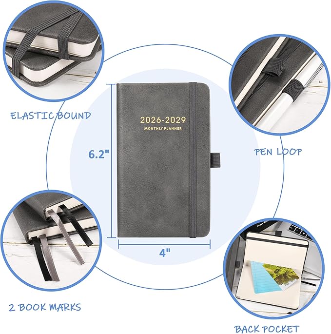 Pocket Planner 2026-2029 - 2026-2029 Monthly Planner, Pocket Calendar (36-Month) With 60 Notes Pages, Jul. 2026 - Jun. 2029, 6.2" x 4", 3-Year Planners with Contacts, Holidays and Pen Holder, Elastic Closure - Grey