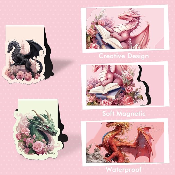 Cool Dragon Magnetic Bookmarks, 8 Pcs Flower Dragon Magnet Book Mark Clips Gifts for Men Boys Kids, Fantasy Novel Accessories for Reading Journals Christmas Birthday Stocking Stuffers