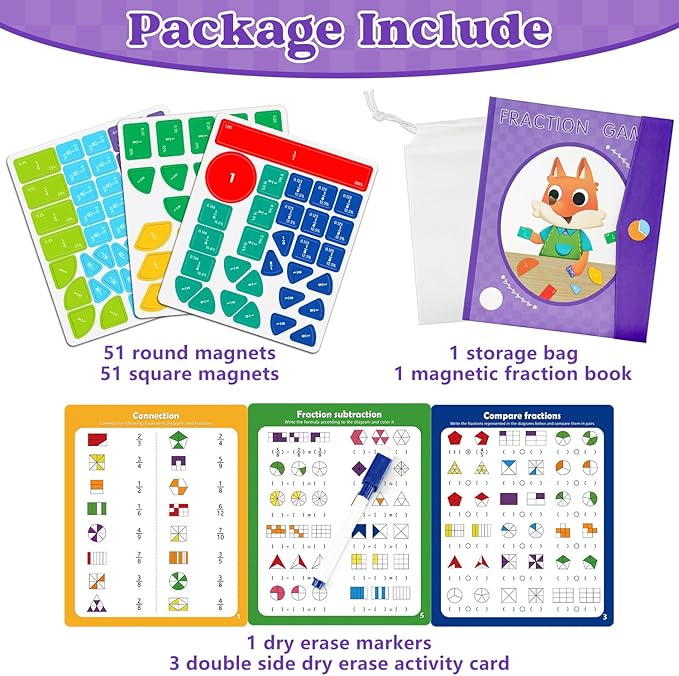 Magnetic Fraction Educational Puzzle STEM Toys Fraction Tiles and Fraction Circles Book Fraction Manipulatives for Elementary School Math Learning Toys Birthday for Kids