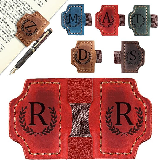 Custom Magnetic Bookmarks with Pen Holder, Personalized 26 Letters Name Initial Leather Bookmark, Leather Book Mark for Men Women Teachers, Readers Book Lovers Gifts (Red, R)