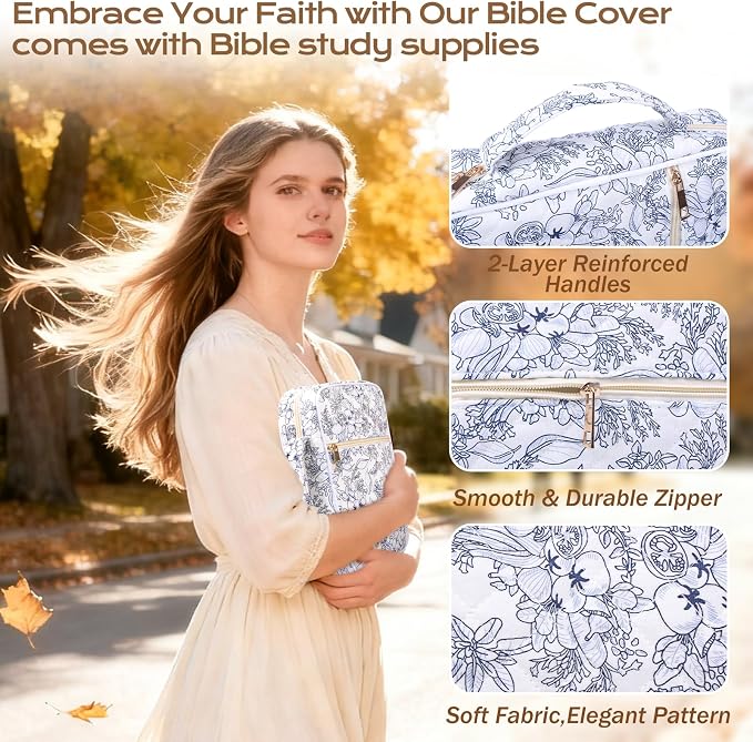 XKDOUS 30 Pcs Bible Bag Kit for Women Quilted Bible Cover Case w/Handle, Tabs, Study Supplies Bible Journaling Kit Large Book Carrying Case Christian Gifts for Mother Lady
