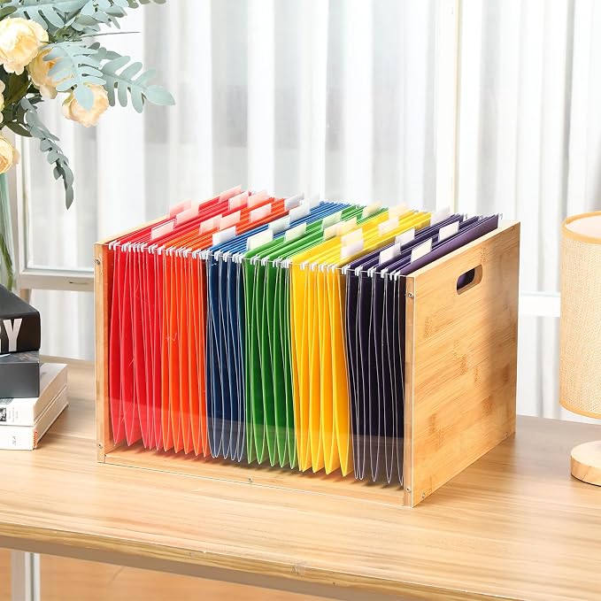 Chiisong Clear Acrylic File Box Hanging File Organizer with 30 Pcs Hanging File Folders Bamboo Hanging Folder Storage Filing Crate Bin Holder with Handle for Home Office Desk Letter Size