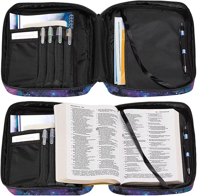 Suobstales Galaxy Butterfly Daisy Flower Print Bible Covers for Women Men Lightweight Bible Accessories with Handle and Zippered Pocket Bible Tote Bag for Kids