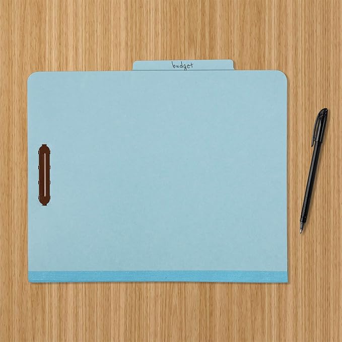 Amazon Basics Classification Folder with Prongs, 100% Recycled, 2 Dividers, 2" Embedded Fasteners, Letter Size, for Documents Organization, Light Blue, 10 Count
