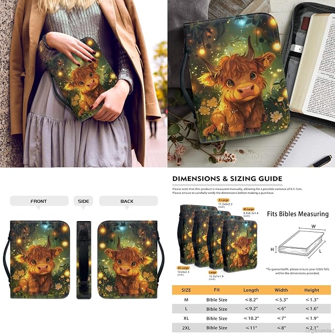 Lotusorchid Highland Cow Faux Leather Bible Cover Church Bible Bag Book Carrying Case with Bookmarks for Women, Girls Bible Protective Cover for Bible Study, Green and Brown, Size 2XL