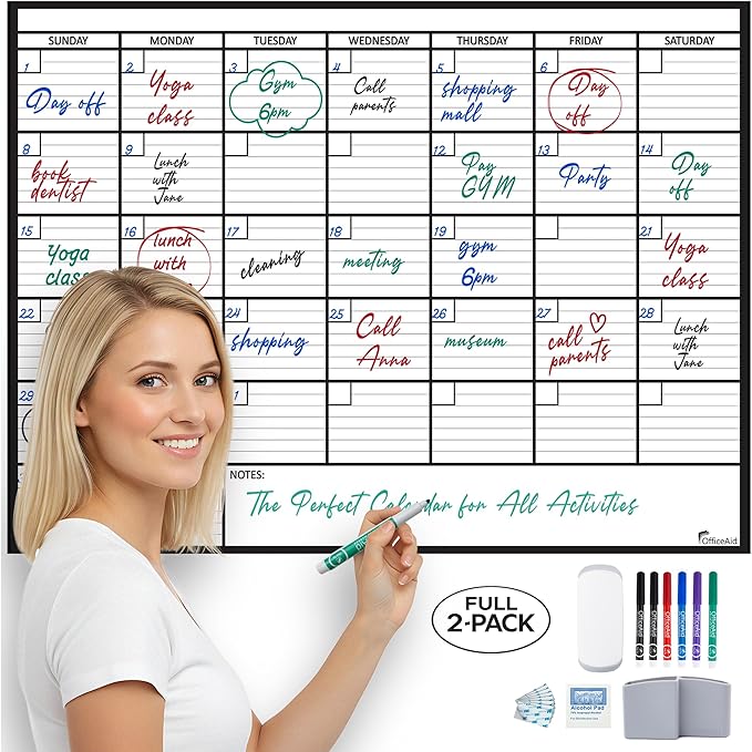 2 PK Large Dry Erase Calendar for Wall | 36x48 | Large Wall Calendar Dry Erase Monthly | 1M 17x26, 24x36, 3M 40x17, 12M 45x55 | Dry Erase Calendar Board for Wall | Whiteboard Calendar | Calendar Whiteboard