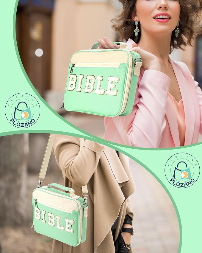 PLOZANO Bible Cover Case for Women, Large Chenille Letter Bible Bag with Shoulder Strap,Green Bible Carrying Tote Bags for Bible Study Accessories, Gift for Women Lady Teen Grils (Green)