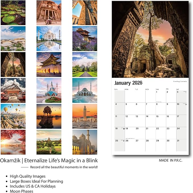 Wall Calendar 2025-2026 Planner Calendar - Exotic Destination Hangable Monthly Wall Calendar with Large Blocks for Organizing & Planning, Academic Schedule, Home, Office & family, Thick & Sturdy Paper (12"x24" Open)