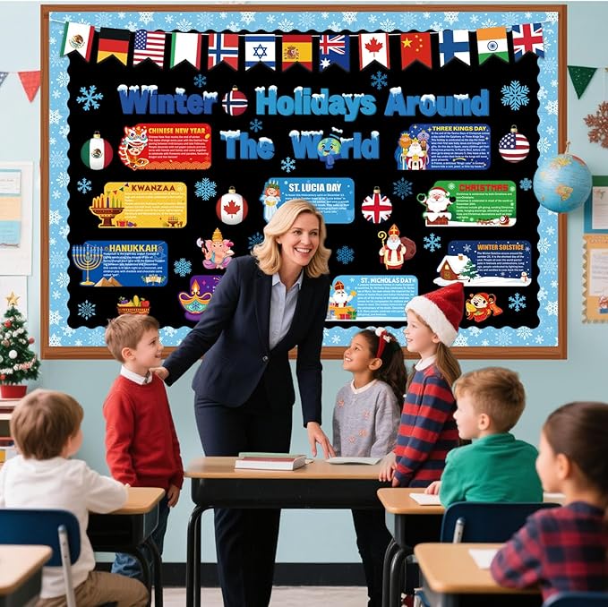 Funrous 71 Pcs Winter Bulletin Board Set Holidays Around the World Board with Christmas Chinese New Year Kwanzaa Diwali Hanukkah Winter Solstice Cutouts for Xmas Party School Classroom Home Wall Decor