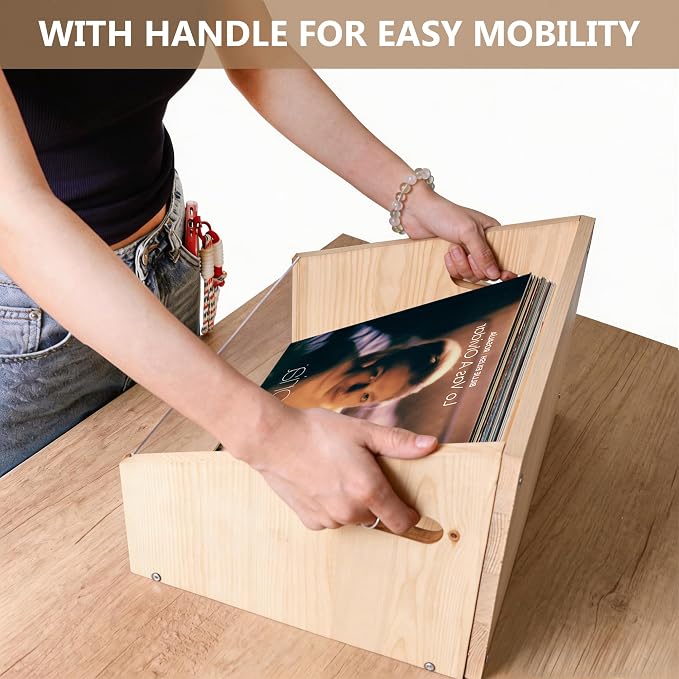 GRETJOB Vinyl Record Storage Crate - Wooden & Acrylic Record Storage Holds 70+ Records, Books, Files - Desktop & Home Office Storage with Handle (Nature wood color)