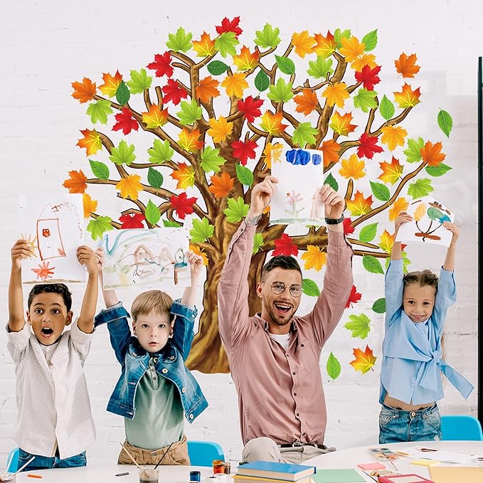 Gersoniel 90 Pieces Classroom Tree Bulletin Board Decorations Conversation Fall Leaves Cutouts Autumn Stickers for Classroom Home Wall Decor(Natural Style)