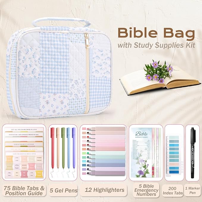 XKDOUS Bible Cover Case for Women Large Bible Bags with Durable Handle Quilted Carrying Case Church Book Holder Bible Study Supplies Accessories for Christian Gifts