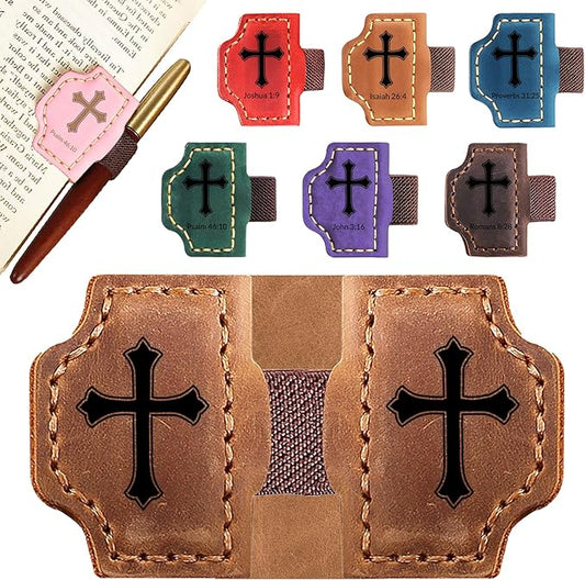 Bygone Mark Personalized Leather Bookmark with Pen Holder - Magnetic Bible Verse Design, Christian Book Lovers Reading Accessory, for Book Lovers Men Women (Brown, Cross)