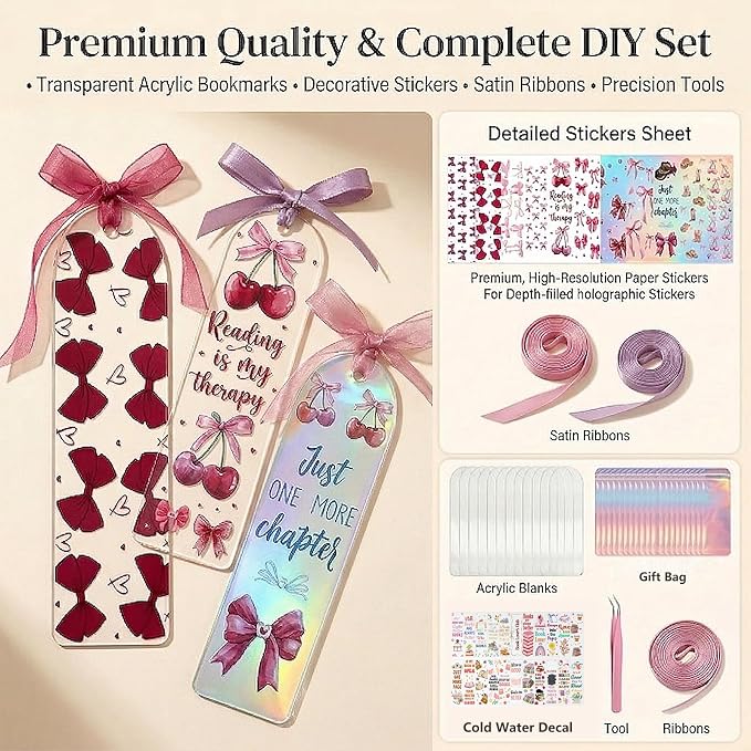 Acrylic Bookmark Blanks, 86 Pcs DIY Bookmark Making Kit with Organizer Box, 1.37x5.5 Clear Acrylic Bookmarks, UV DTF Decals, Make Your Own Bookmarks for Women & Book Lovers (Book Soul)