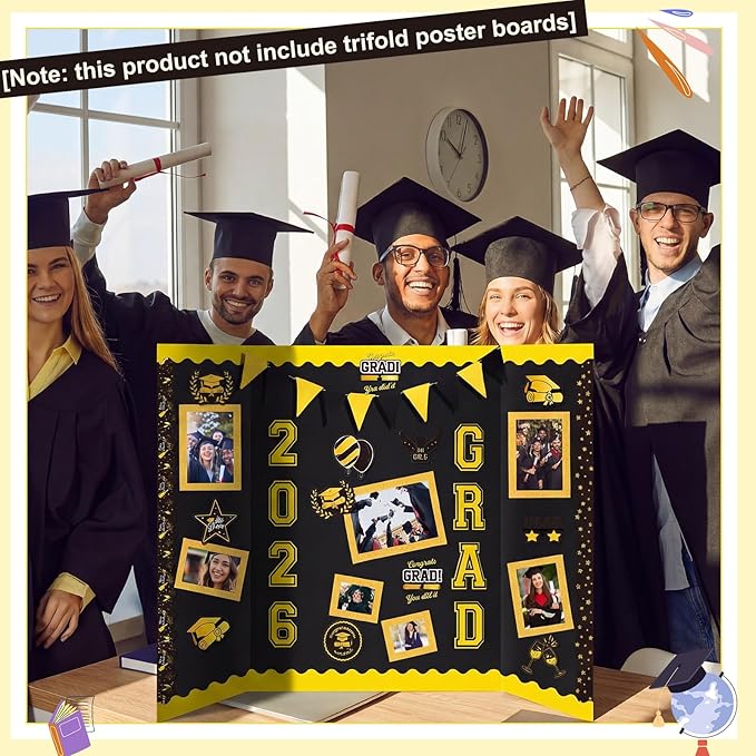 31 Pcs Graduation Photo Poster Board Decor Set Include 28 Sheets Graduation Themed Stickers 2 Rolls Picture Frame Tape 1 PC Banner for 2026 Grad Party College Board Photo Frame Decor(Glod)