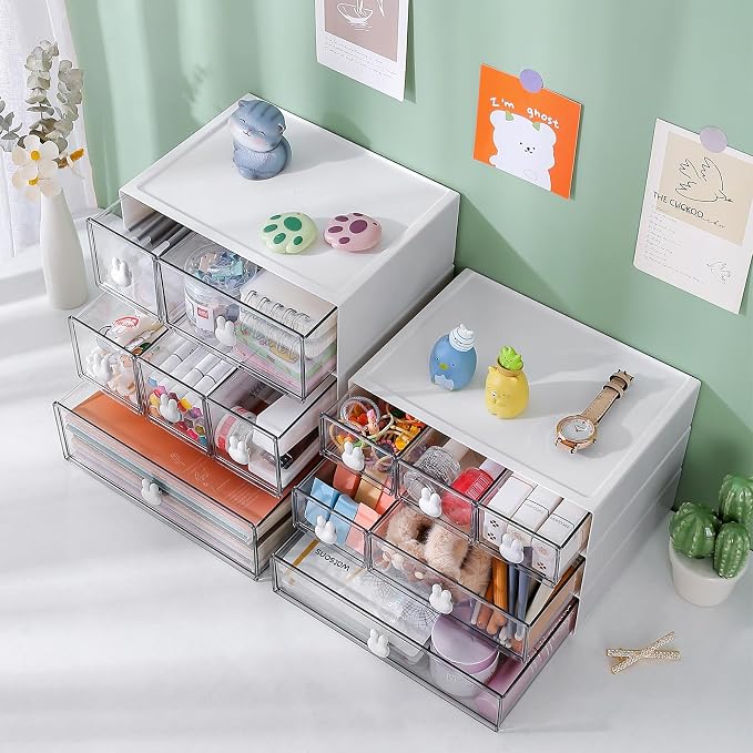 Plastic Desk Organizer with Drawers,Desktop Organizer Drawers Storage,3 Tier Drawer Organizer with 6 Drawers,Stackable Storage Drawers for Office （H 9.6in）, White