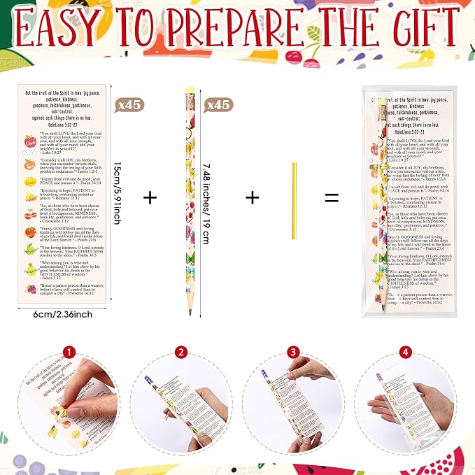 Dunzoom 45 Set Fruits of The Spirit Gift Fruit Scented Pencil with Eraser Christian Bookmark Religious Sunday School Prize Christian VBS Gifts for Church Gift Exchange (English)