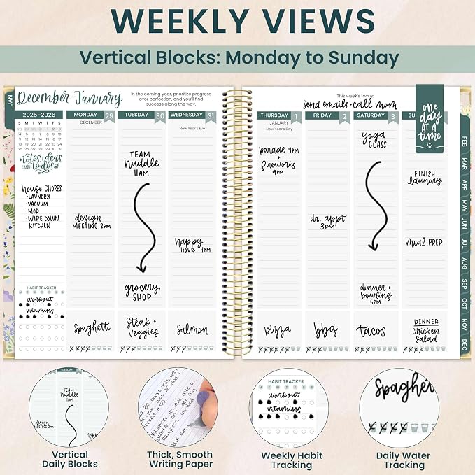 bloom daily planners 2026 Hardcover Calendar Year Goal & Vision Planner (January to December) - Monthly & Weekly Agenda Organizer - 7.5" x 9" - Garden Party, Beige