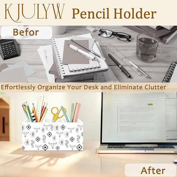 Western Desk Accessories Pen Holder, Western Office Decor, Boho Aztec Bull Skull Cactus Wooden Box Pencil Pen Holder Organizer for Home Office Desk Accessories