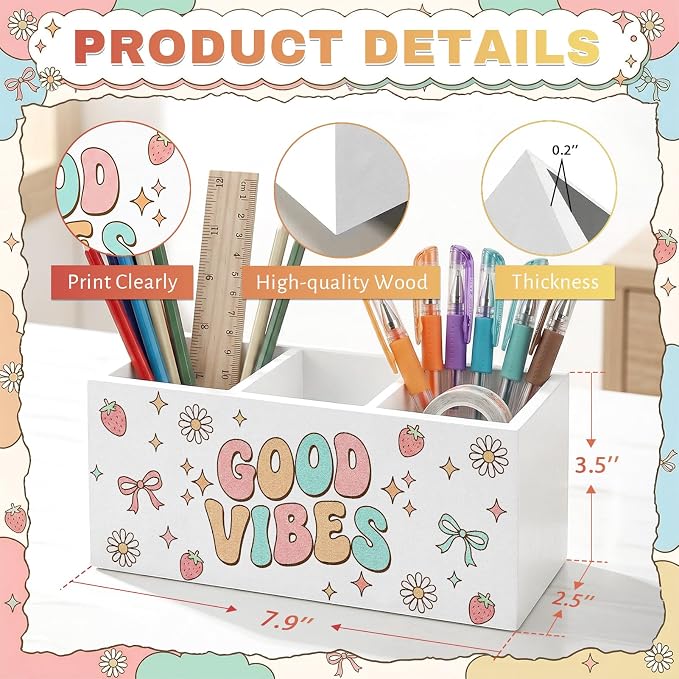 Retro Daisy Pen Pencil Holder for Office Desk Good Vibes Office Decor Gift Wooden Inspirational Organizer Desktop Decor for Girls Cute Makeup Brush Toothbrush Holder for Bathroom Desk Accessories