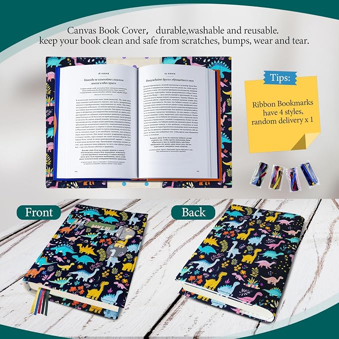 Cartoon Dinosaur Book Cover Protector for Paperbacks Hardcover,Adjustable Waterproof Soft Canvas Fabric Book Cover with Bookmark,Cute T-Rex Dino Animal Print Book Covers for Kids Boys Gifts