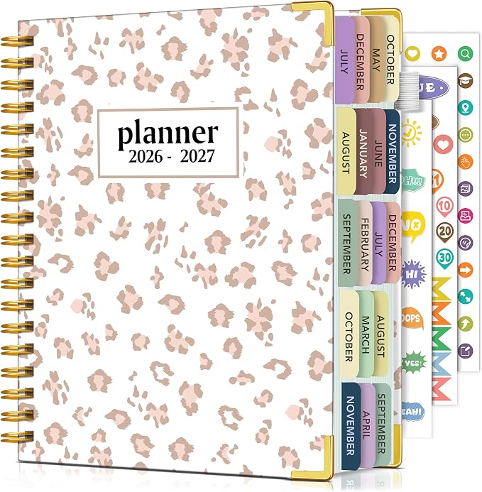 Academic Planner 2026-2027, 18 Months Weekly and Monthly Calendar Planner from July 2026 - December 2027, 7.3" x 10" B5 Large Hardcover Agenda Organizer Book with Tabs, Yearly Daily Planners for School Work Student Teacher, White Leopard