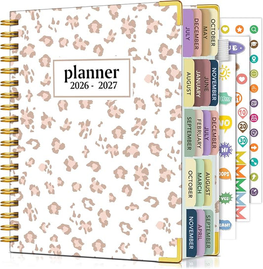 Academic Planner 2026-2027, 18 Months Weekly and Monthly Calendar Planner from July 2026 - December 2027, 7.3" x 10" B5 Large Hardcover Agenda Organizer Book with Tabs, Yearly Daily Planners for School Work Student Teacher, White Leopard