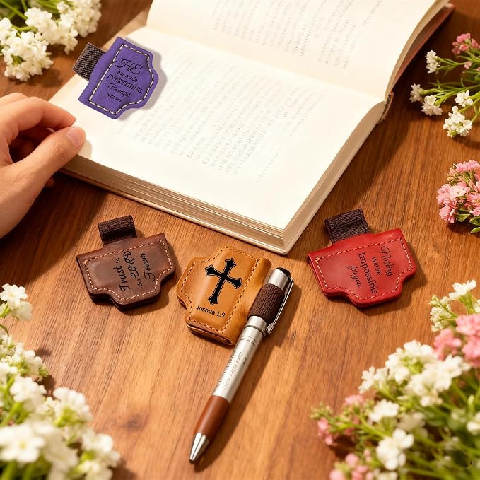 Personalized Leather Bookmark with Pen Holder - Magnetic Bible Verse Design, Christian Book Lovers Reading Accessory, for Book Lovers Men Women (Purple, lsaiah 40:31)